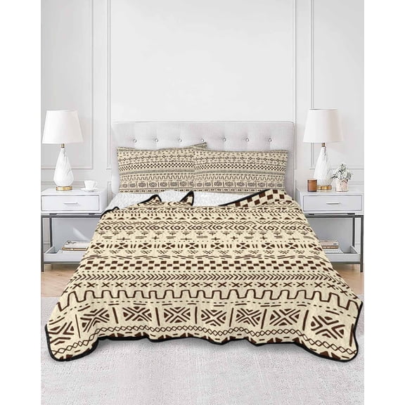 Quilts Full Size, Abstract Boho Soft Comforter Bedding Set for Bed, Modern African Ethnic Geometric Beige Lightweight Quilted Bedspread with Pillow Cover(2 Pieces) for All Season, 78x90 Inch