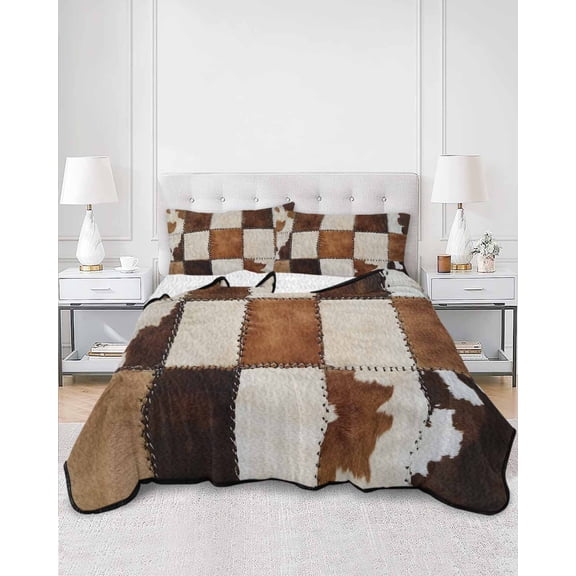Quilts Full Size, Abstract Cowhides Soft Comforter Bedding Set for Bed, Brown Beige Animal Fur Texture Lightweight Quilted Bedspread with Pillow Cover(2 Pieces) for All Season, 78x90 Inch