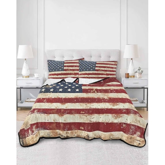 Quilts Full Size, American Flag Soft Comforter Bedding Set for Bed, Vintage Blue Red USA Flag Retro Lightweight Quilted Bedspread with Pillow Cover(2 Pieces) for All Season, 78x90 Inch