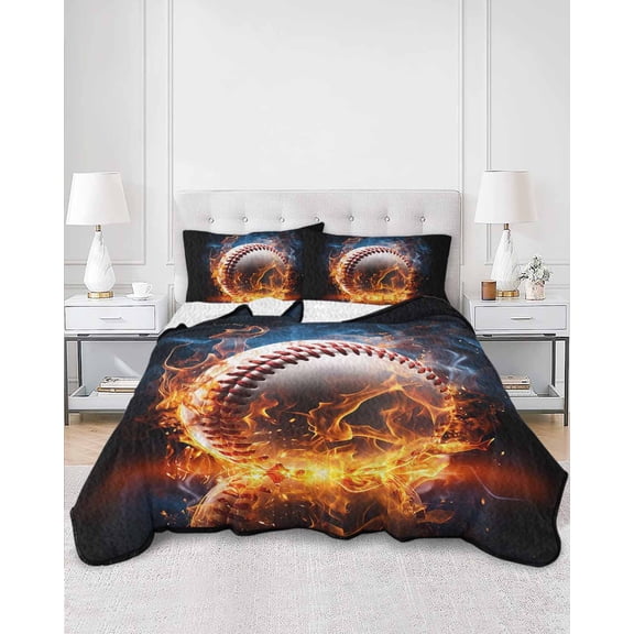Quilts Full Size, Baseball, Soft Comforter Bedding Set for Bed, Sports Theme Gradient Orange Blue Black Lightweight Quilted Bedspread with Pillow Cover(2 Pieces) for All Season, 78x90 Inch