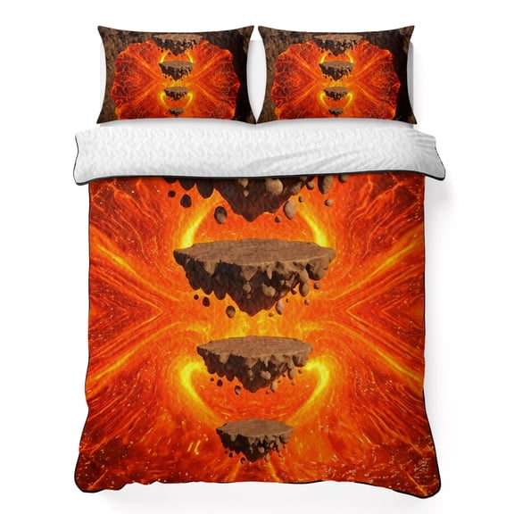 Quilts Full Size Bedding Set, Abstract Floating Rocks Lightweight Quilted Comforter, Red Lava Modern Minimalist Artistic Reversible Bedspread Coverlet with Pillow Covers for All Season, 78" x 90"