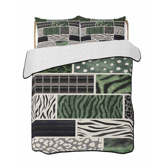 Quilts Full Size Bedding Set, Animal Fur Print Lightweight Quilted Comforter, Green Giraffe Zebra Striped Abstract Soft Reversible Bedspread Coverlet with Pillow Covers for All Season, 78" x 90"