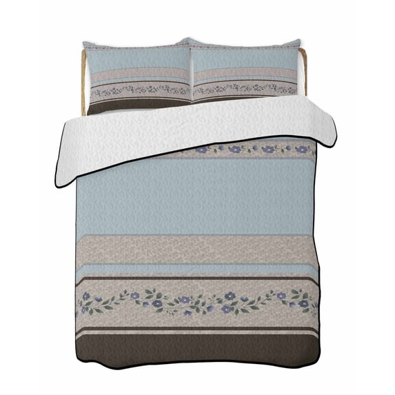 Quilts Full Size Bedding Set, Aqua Floral Lightweight Quilted Comforter, Modern Farmhouse Leaves Brown Striped Soft Reversible Bedspread Coverlet with Pillow Covers for All Season, 78" x 90"