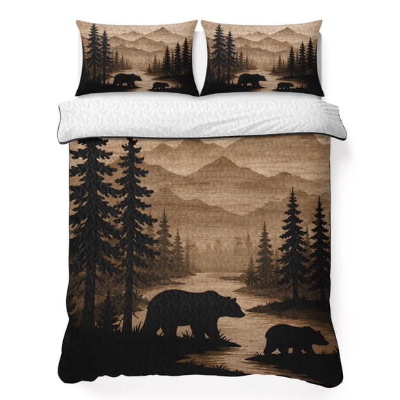 Quilts Full Size Bedding Set, Bear Lightweight Quilted Comforter, Forest Pine Trees Mountain Black Brown Soft Reversible Bedspread Coverlet with Pillow Covers for All Season, 78" x 90"