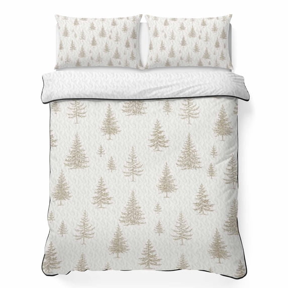 Quilts Full Size Bedding Set, Beige Christmas Tree Lightweight Quilted Comforter, Winter Seasonal Xmas Pine Trees Soft Reversible Bedspread Coverlet with Pillow Covers for All Season, 78" x 90"