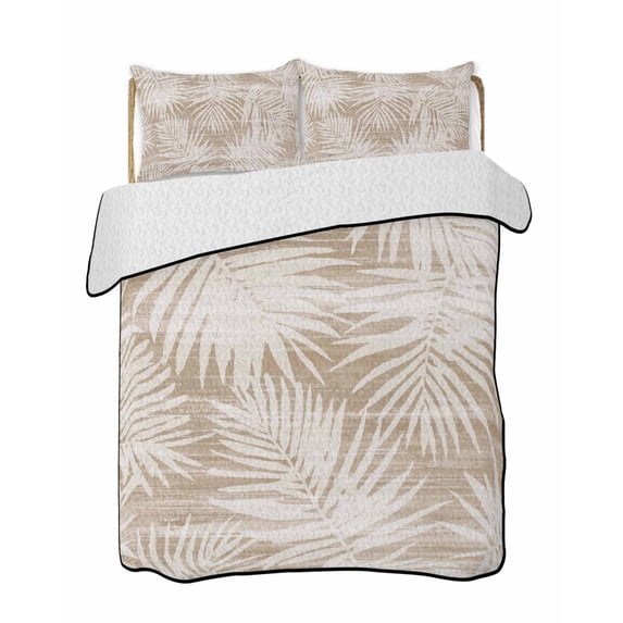 Quilts Full Size Bedding Set, Beige Palm Leaves Lightweight Quilted Comforter, Summer Tropical Botanical Coastal Soft Reversible Bedspread Coverlet with Pillow Covers for All Season, 78" x 90"