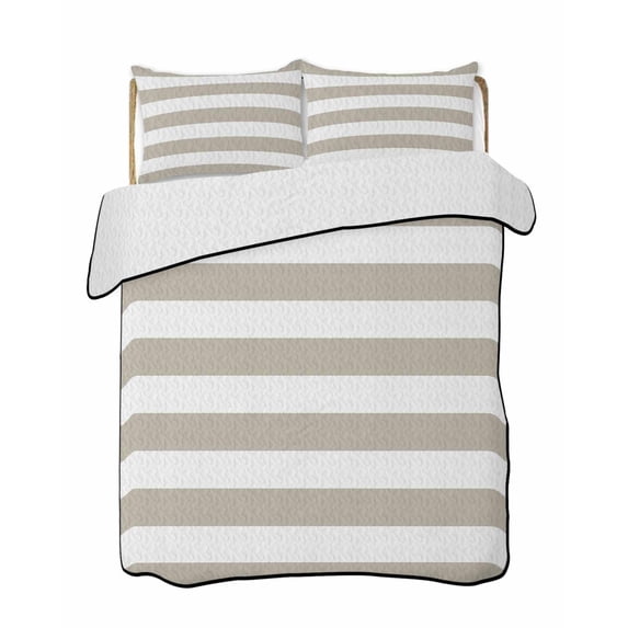 Quilts Full Size Bedding Set, Beige Stripes Lightweight Quilted Comforter, Simple Beige White Texture Soft Reversible Bedspread Coverlet with Pillow Covers for All Season, 78" x 90"