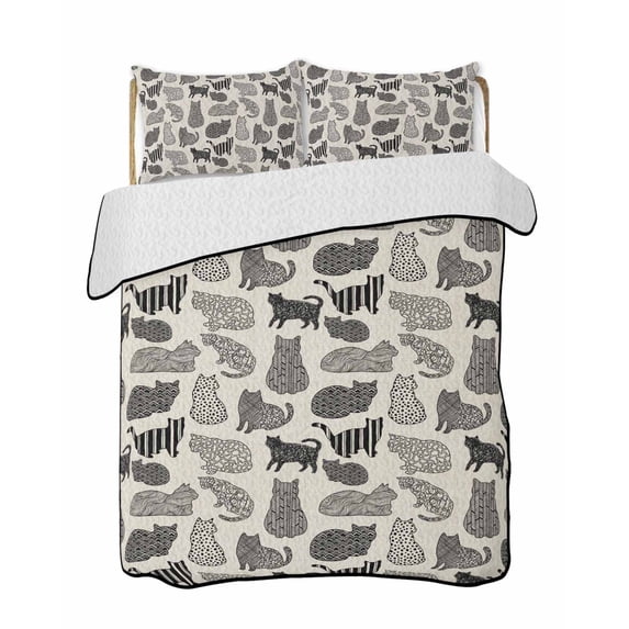 Quilts Full Size Bedding Set, Black Cat Lightweight Quilted Comforter, Rustic Striped Geometric Abstract Soft Reversible Bedspread Coverlet with Pillow Covers for All Season, 78" x 90"