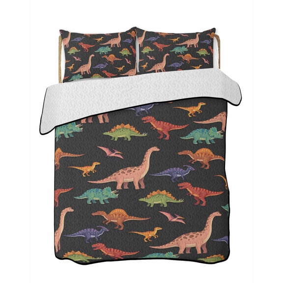 Quilts Full Size Bedding Set, Black Dinosaur Lightweight Quilted Comforter, Colorful Animals Cute Funny Cartoon Soft Reversible Bedspread Coverlet with Pillow Covers for All Season, 78" x 90"