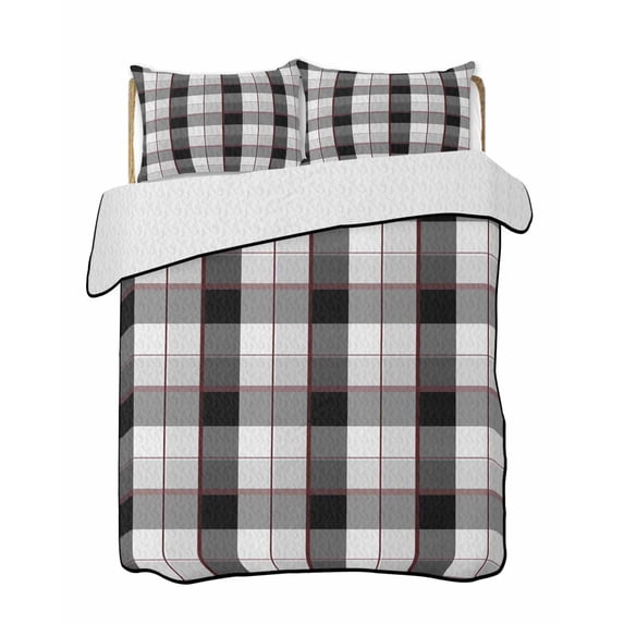 Quilts Full Size Bedding Set, Black Grey Plaid Lightweight Quilted Comforter, Modern Abstract Ombre Gingham Checkered Soft Reversible Bedspread Coverlet with Pillow Covers for All Season, 78" x 90"