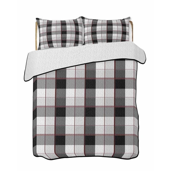 Quilts Full Size Bedding Set, Black Grey Plaid Lightweight Quilted Comforter, Modern Abstract Ombre Gingham Checkered Soft Reversible Bedspread Coverlet with Pillow Covers for All Season, 78" x 90"
