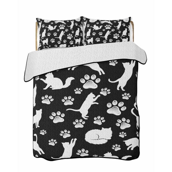 Quilts Full Size Bedding Set, Black White Cat Lightweight Quilted Comforter, Cat Paw Cute Silhouette Soft Reversible Bedspread Coverlet with Pillow Covers for All Season, 78" x 90"