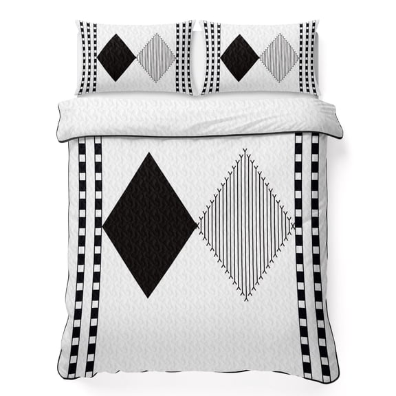 Quilts Full Size Bedding Set, Black White Geometric Lightweight Quilted Comforter, Boho Stripes Abstract Simple Art Soft Reversible Bedspread Coverlet with Pillow Covers for All Season, 78" x 90"