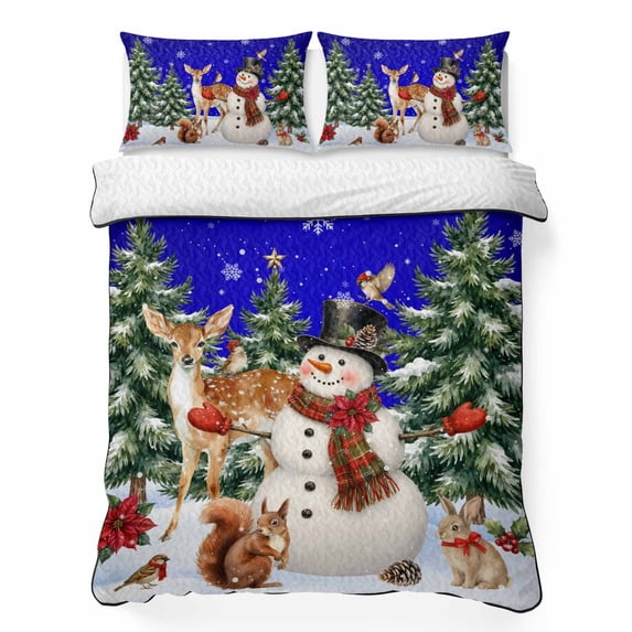 Quilts Full Size Bedding Set, Blue Christmas Lightweight Quilted Comforter, Snowman Elk Xmas Tree Snowflake Soft Reversible Bedspread Coverlet with Pillow Covers for All Season, 78" x 90"