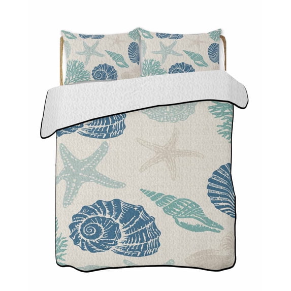 Quilts Full Size Bedding Set, Blue Coastal Lightweight Quilted Comforter, Starfish Shell Coral Summer Beach Rustic Soft Reversible Bedspread Coverlet with Pillow Covers for All Season, 78" x 90"