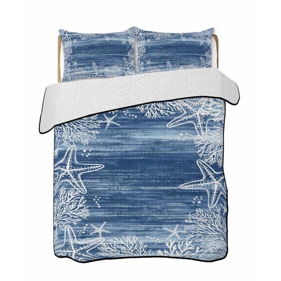 Quilts Full Size Bedding Set, Blue Coastal Lightweight Quilted Comforter, Summer Ocean Sea Waves Starfish Corals Soft Reversible Bedspread Coverlet with Pillow Covers for All Season, 78" x 90"