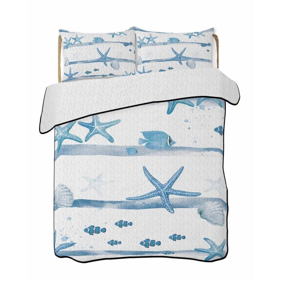 Quilts Full Size Bedding Set, Blue Coastal Starfish Lightweight Quilted Comforter, Summer Conch Sea Fish Stripes Soft Reversible Bedspread Coverlet with Pillow Covers for All Season, 78" x 90"