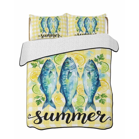 Quilts Full Size Bedding Set, Blue Fish Lightweight Quilted Comforter, Summer Lemon Mint Leaves Rural Yellow Plaid Soft Reversible Bedspread Coverlet with Pillow Covers for All Season, 78" x 90"