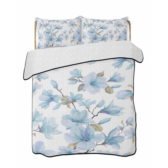 Quilts Full Size Bedding Set, Blue Flowers Lightweight Quilted Comforter, Spring Watercolor Botanical Floral Leaf Plant Soft Reversible Bedspread Coverlet with Pillow Covers for All Season, 78" x 90"