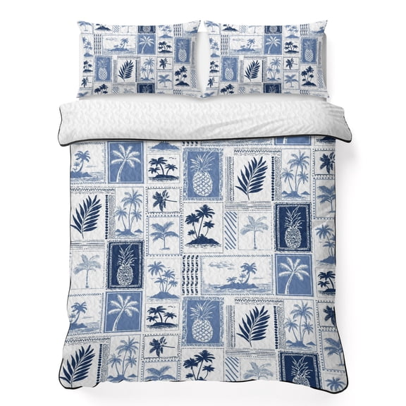 Quilts Full Size Bedding Set, Blue Palm Trees Lightweight Quilted Comforter, Summer Tropical Monstera Leaf Pineapple Retro Soft Bedspread Coverlet with Pillow Covers for All Season, 78" x 90"