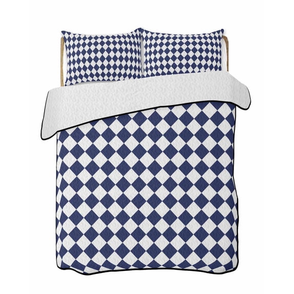 Quilts Full Size Bedding Set, Blue Plaid Lightweight Quilted Comforter, Modern Minimalist Geometric Gingham Checkered Soft Reversible Bedspread Coverlet with Pillow Covers for All Season, 78" x 90"