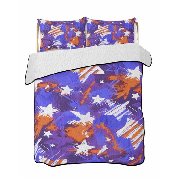 Quilts Full Size Bedding Set, Blue Red USA Flag Lightweight Quilted Comforter, Abstract Moden Oil Painting 4th of July Soft Reversible Bedspread Coverlet with Pillow Covers for All Season, 78" x 90"