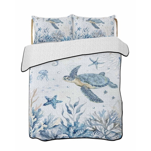 Quilts Full Size Bedding Set, Blue Sea Turtles Lightweight Quilted Comforter, Coastal Ocean Sea Starfish Coral Jellyfish Reversible Bedspread Coverlet with Pillow Covers for All Season, 78" x 90"