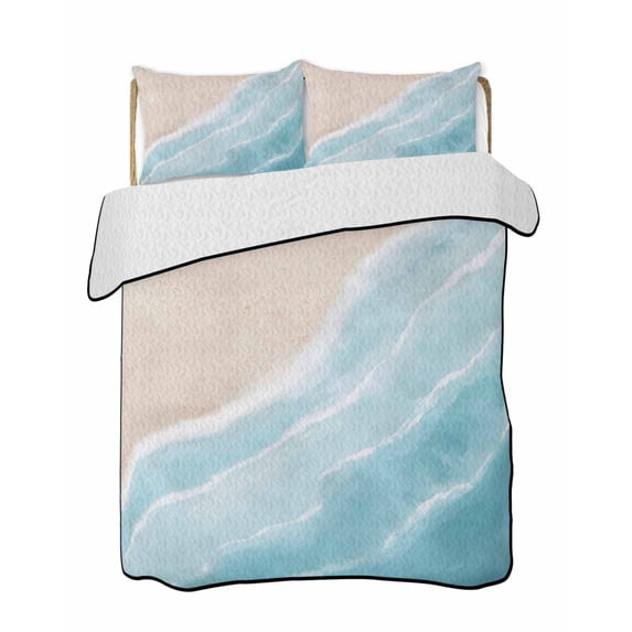 Quilts Full Size Bedding Set, Blue Waves Coastal Lightweight Quilted Comforter, Summer Beach Ocean Seaside Soft Reversible Bedspread Coverlet with Pillow Covers for All Season, 78" x 90"
