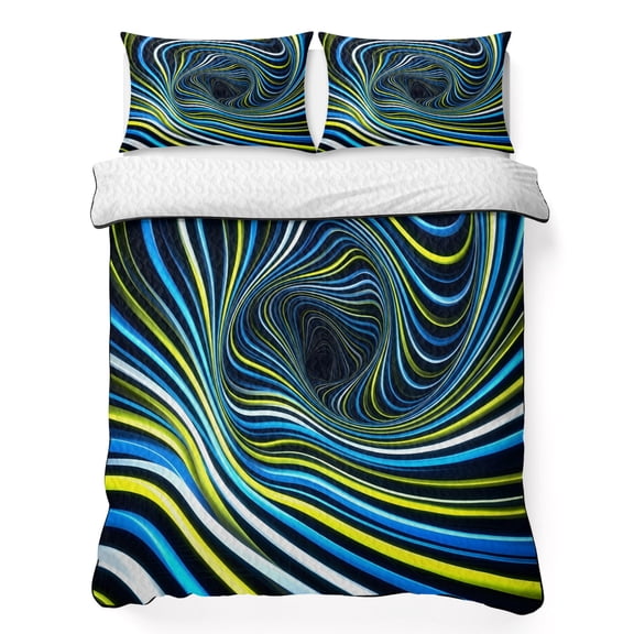 Quilts Full Size Bedding Set, Blue Yellow White Spiral Lightweight Quilted Comforter, Neon Lines Abstract Cyber Soft Reversible Bedspread Coverlet with Pillow Covers for All Season, 78" x 90"