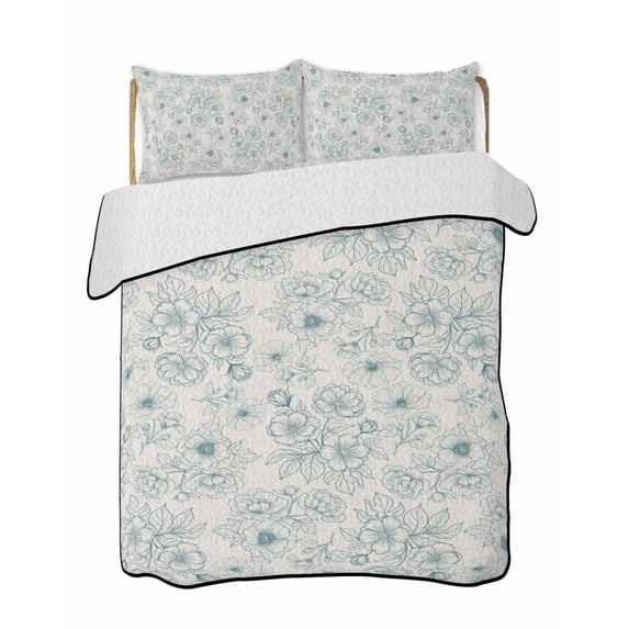 Quilts Full Size Bedding Set, Botanical Flowers Lightweight Quilted Comforter, Farmhouse Blue Floral Patterned Soft Reversible Bedspread Coverlet with Pillow Covers for All Season, 78" x 90"