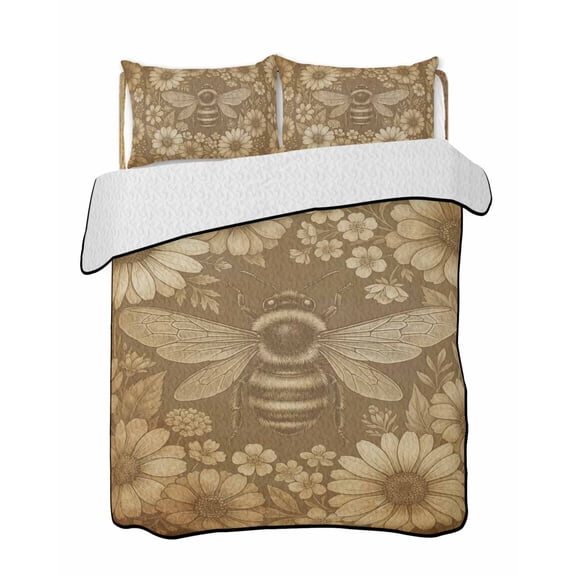 Quilts Full Size Bedding Set, Brown Bee Lightweight Quilted Comforter, Farmhouse Vintage Animals Botanical Flowers Soft Reversible Bedspread Coverlet with Pillow Covers for All Season, 78" x 90"