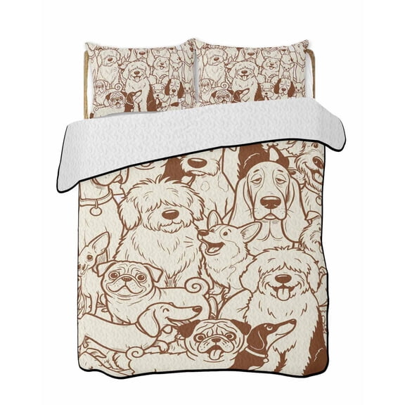 Quilts Full Size Bedding Set, Brown Dog Lightweight Quilted Comforter, Cute Line Cartoon Funny Animals Soft Reversible Bedspread Coverlet with Pillow Covers for All Season, 78" x 90"