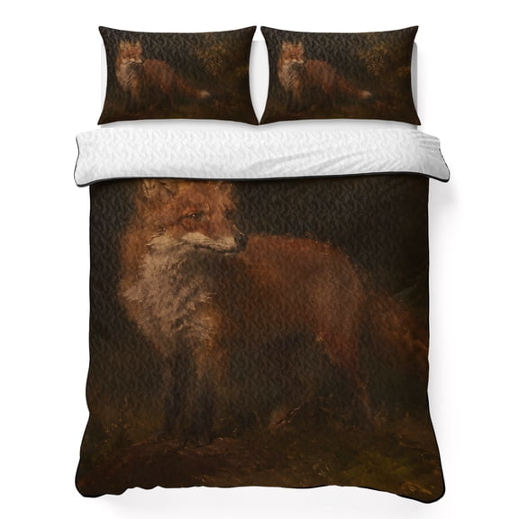Quilts Full Size Bedding Set, Brown Fox Lightweight Quilted Comforter, Vintage Wildlife Rustic Country Soft Reversible Bedspread Coverlet with Pillow Covers for All Season, 78" x 90"