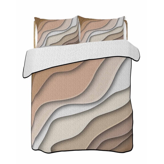 Quilts Full Size Bedding Set, Brown Ombre Lightweight Quilted Comforter, Modern Geometric Abstract Aesthetic Cream Soft Reversible Bedspread Coverlet with Pillow Covers for All Season, 78" x 90"