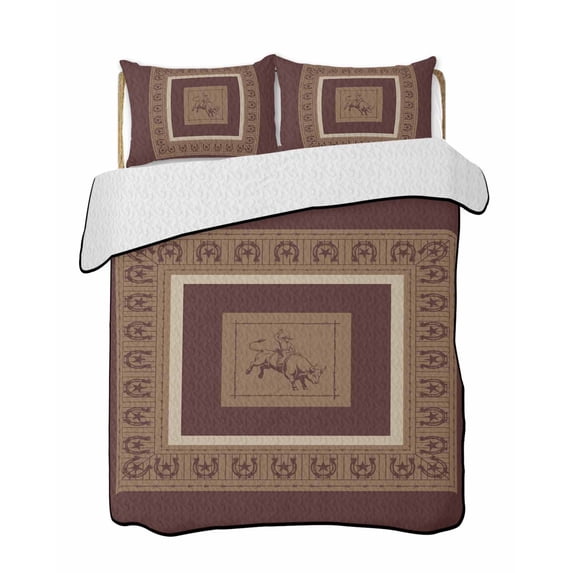Quilts Full Size Bedding Set, Brown Western Cowboy Lightweight Quilted Comforter, Farmhouse Country Textured Soft Reversible Bedspread Coverlet with Pillow Covers for All Season, 78" x 90"