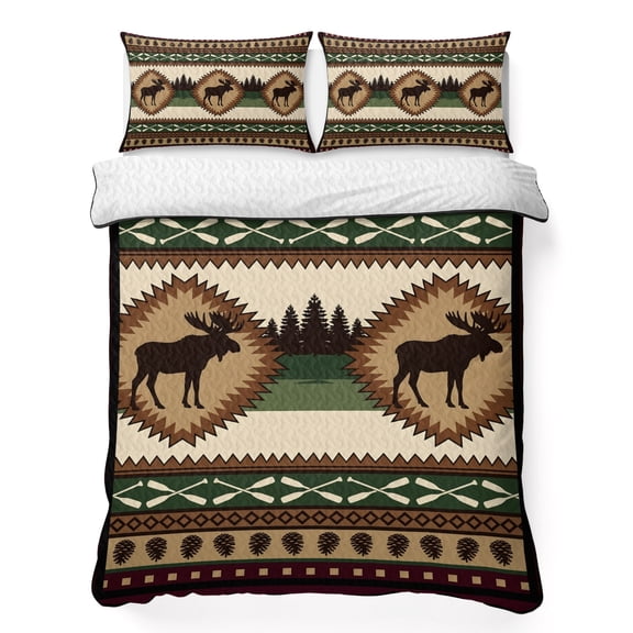 Quilts Full Size Bedding Set, Cabin Elk Brown Lightweight Quilted Comforter, Lodge Ethnic Tribe Forest Green Soft Reversible Bedspread Coverlet with Pillow Covers for All Season, 78" x 90"