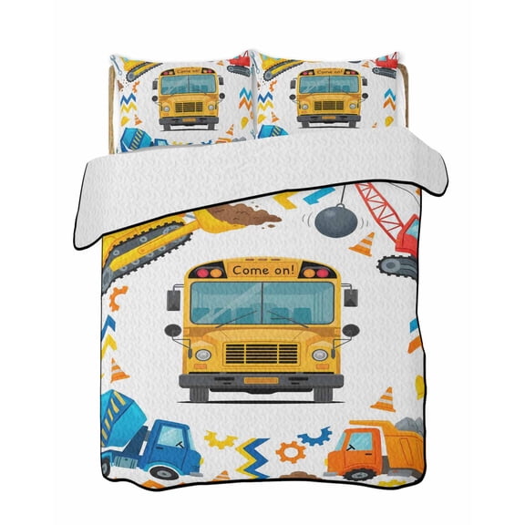 Quilts Full Size Bedding Set, Cartoon Truck Lightweight Quilted Comforter, Cute Funny Engineering Vehicle Soft Reversible Bedspread Coverlet with Pillow Covers for All Season, 78" x 90"