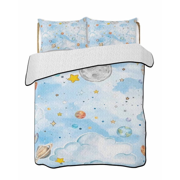 Quilts Full Size Bedding Set, Children's Day Lightweight Quilted Comforter, Galaxy Universe Stars Planets Moons Soft Reversible Bedspread Coverlet with Pillow Covers for All Season, 78" x 90"