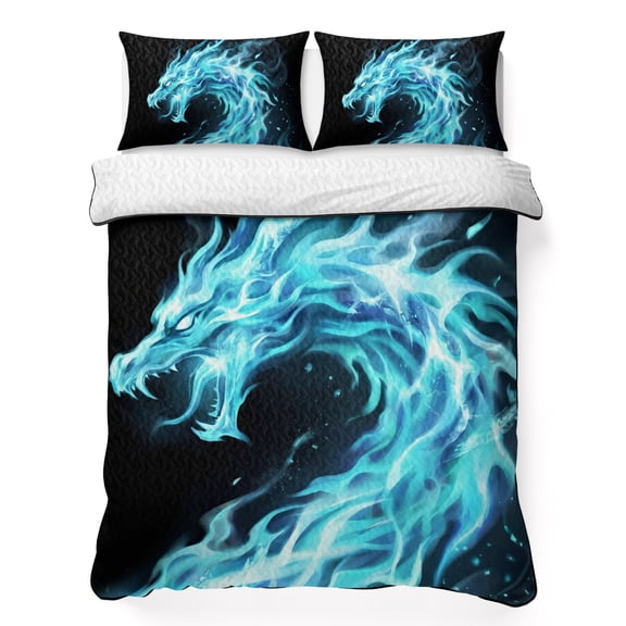 Quilts Full Size Bedding Set, Chinese Style Lightweight Quilted Comforter, Chic Blue Dragon Gradient Fire Black Soft Reversible Bedspread Coverlet with Pillow Covers for All Season, 78" x 90"
