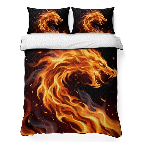 Quilts Full Size Bedding Set, Chinese Style Lightweight Quilted Comforter, Fantasy Dragon Orange Gradient Fire Soft Reversible Bedspread Coverlet with Pillow Covers for All Season, 78" x 90"