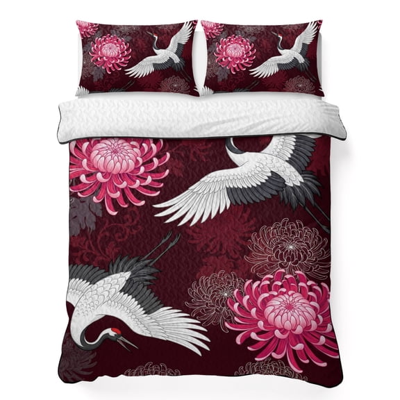 Quilts Full Size Bedding Set, Chinese Style Lightweight Quilted Comforter, Rustic Swan Birds Botanical Flowers Soft Reversible Bedspread Coverlet with Pillow Covers for All Season, 78" x 90"