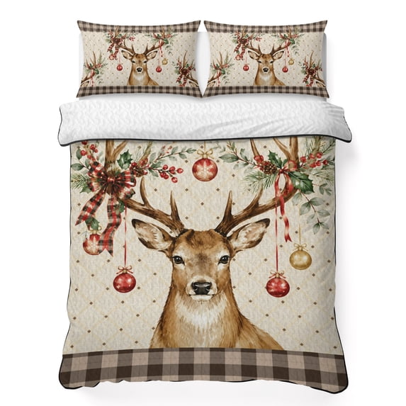 Quilts Full Size Bedding Set, Christmas Elk Lightweight Quilted Comforter, Xmas Ball Botanical Black Checked Taupe Gingham Reversible Bedspread Coverlet with Pillow Covers for All Season, 78" x 90"