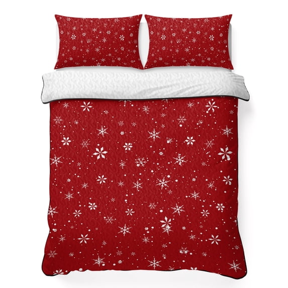 Quilts Full Size Bedding Set, Christmas Snowflake Lightweight Quilted Comforter, Xmas Snowy Winter Farmhouse Red Soft Reversible Bedspread Coverlet with Pillow Covers for All Season, 78" x 90"