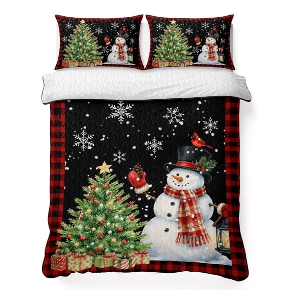 Quilts Full Size Bedding Set, Christmas Snowman Lightweight Quilted Comforter, Cardinal Bird Snowflake Red Plaid Black Soft Reversible Bedspread Coverlet with Pillow Covers for All Season, 78" x 90"