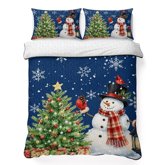 Quilts Full Size Bedding Set, Christmas Snowman Lightweight Quilted Comforter, Navy Blue Cardinal Bird Xmas Snowflake Tree Reversible Bedspread Coverlet with Pillow Covers for All Season, 78" x 90"