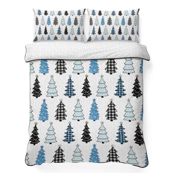 Quilts Full Size Bedding Set, Christmas Trees Lightweight Quilted Comforter, Xmas Trees Polka Dots Plaid Blue Black Soft Reversible Bedspread Coverlet with Pillow Covers for All Season, 78" x 90"