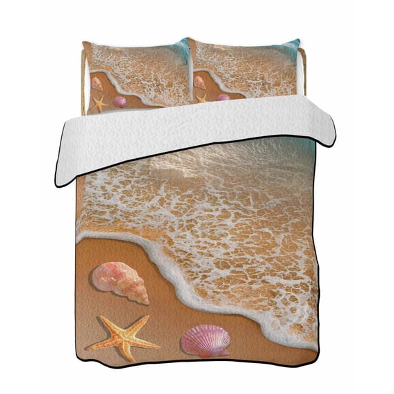 Quilts Full Size Bedding Set, Coastal Beach Lightweight Quilted Comforter, Summer Ocean Sea Waves Starfish Teal Beige Soft Reversible Bedspread Coverlet with Pillow Covers for All Season, 78" x 90"