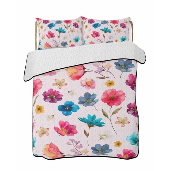 Quilts Full Size Bedding Set, Colorful Flowers Lightweight Quilted Comforter, Spring Watercolor Floral Plant Pink Soft Reversible Bedspread Coverlet with Pillow Covers for All Season, 78" x 90"
