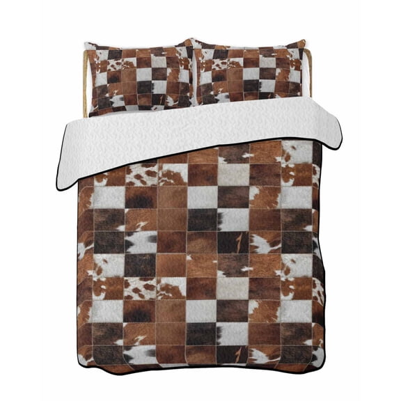 Quilts Full Size Bedding Set, Cow Fur Print Lightweight Quilted Comforter, Farmhouse Western Cowhide Plaid Brown Soft Reversible Bedspread Coverlet with Pillow Covers for All Season, 78" x 90"