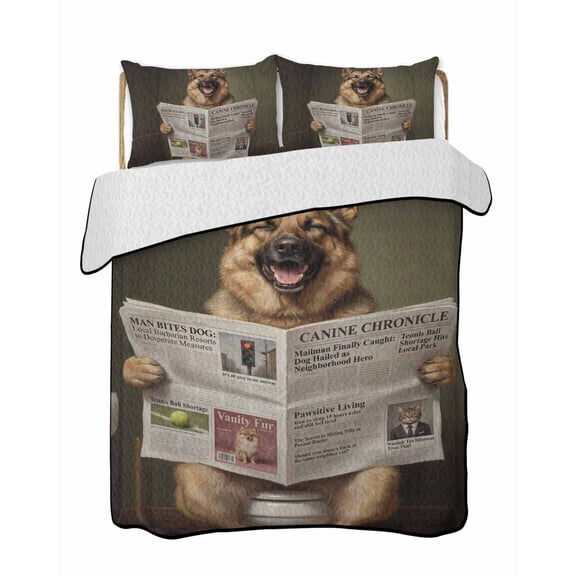 Quilts Full Size Bedding Set, Cute Dogs Lightweight Quilted Comforter, Funny Puppy Reading Newspaper Toilet Soft Reversible Bedspread Coverlet with Pillow Covers for All Season, 78" x 90"